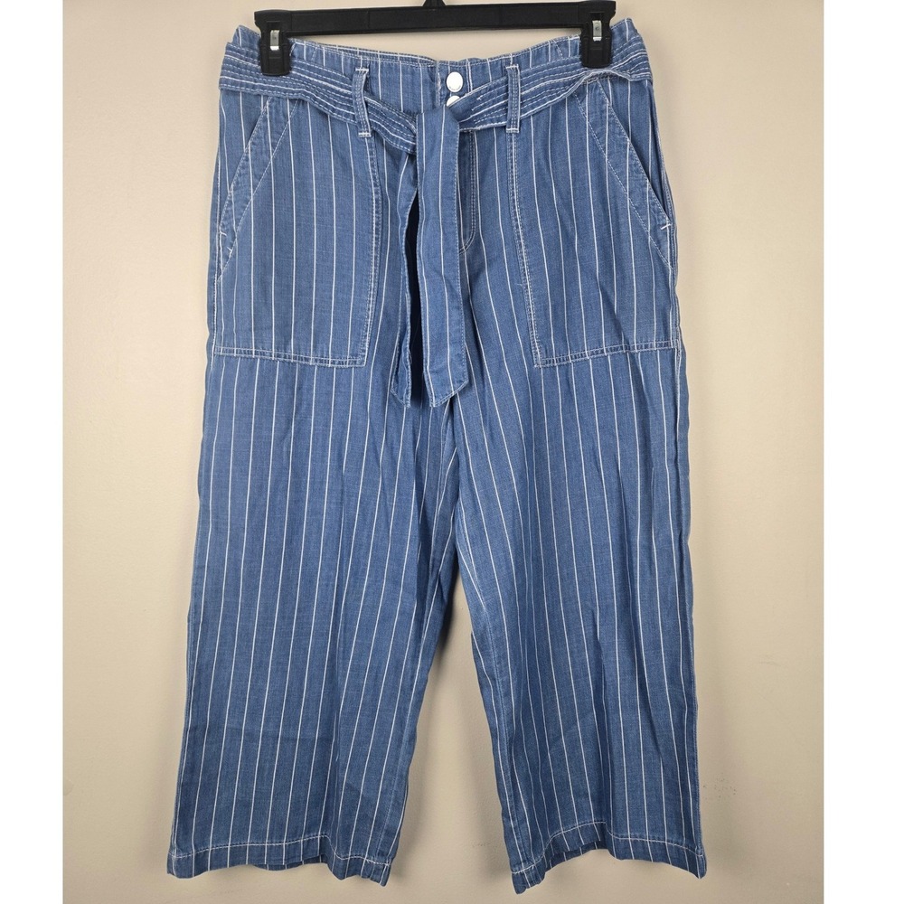 Seven7 Womens Blue White Pinstripe‎ Wide Leg Belted Crop Pants Size 8 NWT